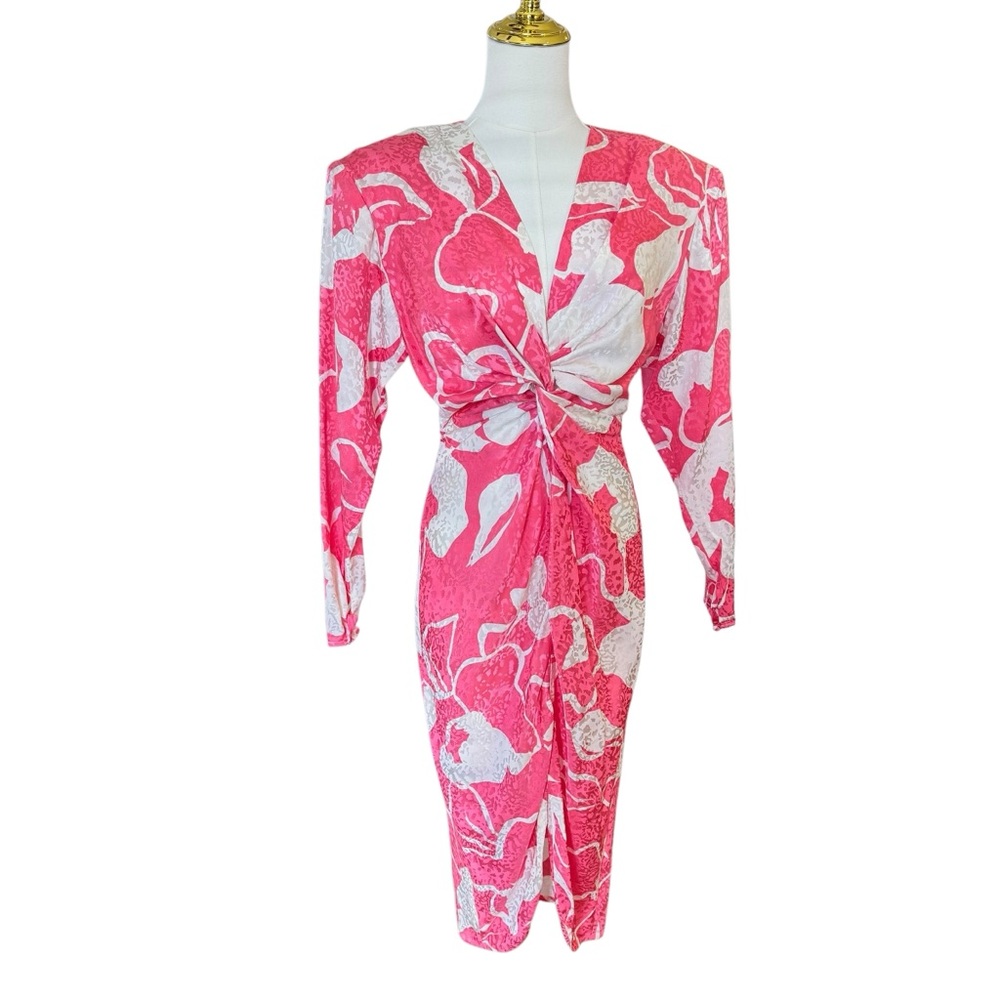 NWOT VTG Flora Kung 100% Silk Twisted Front Dress 8 V-neck Tulip Hem Long Sleeve